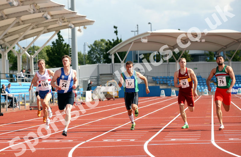 54 Luke Evans (Blackburn) wins the senior 200 metres from 169 Darren Scott (City of Sheffield), 17 Rick Beardsall (City of Sheffield) and 67 Luke Giblin (Belgrave Harriers) and Umar Hameed (Sale), Northern Championships, Sport City, Manchester